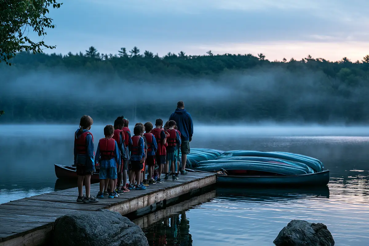 Camp group on the dock at dawn beside stacked canoes