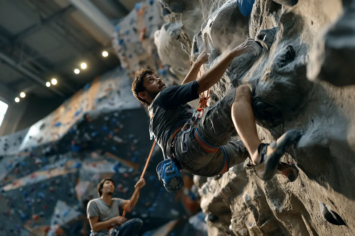 Lead climber on a steep indoor wall with a belayer below
